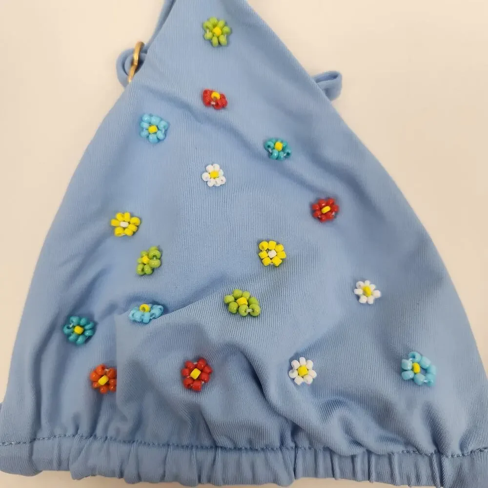 L*Space Brittany Bikini Top Blue Beaded Daisy Small NWT Triangle
